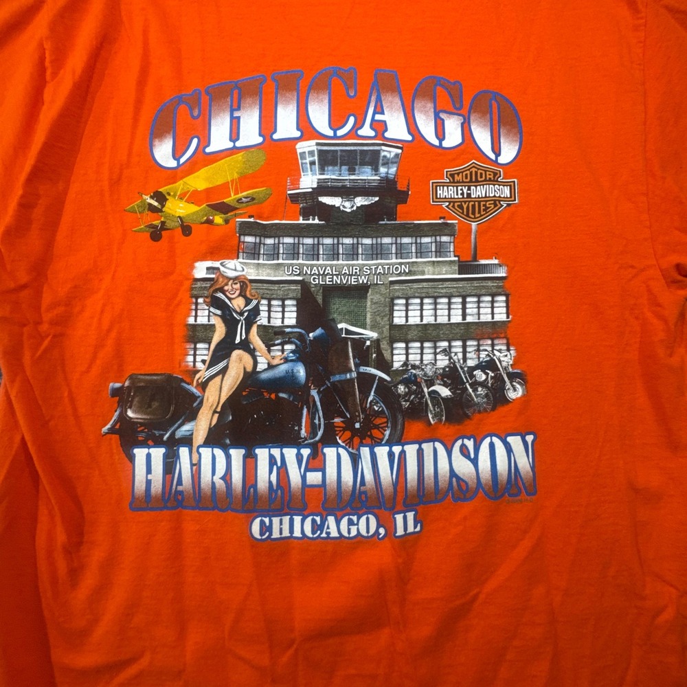 Harley Davidson Chicago T Shirt Mens Large Orange Pin Up Girl US Naval Air Force